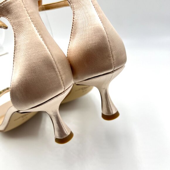 Jewel Badgley Mischka‎ Size 6.5 Champagne Satin Dress Sandals Kitten Heels Shoes - Picture 7 of 14